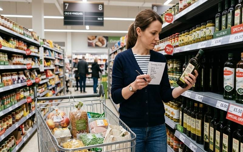 Shopper carefully using a grocery list in a supermarket while avoiding unnecessary items and comparing prices for smart shopping.