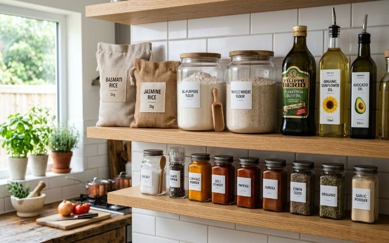 Neatly arranged rice, flour, cooking oil, and spice jars in a modern kitchen representing basic food items every family needs for daily cooking.