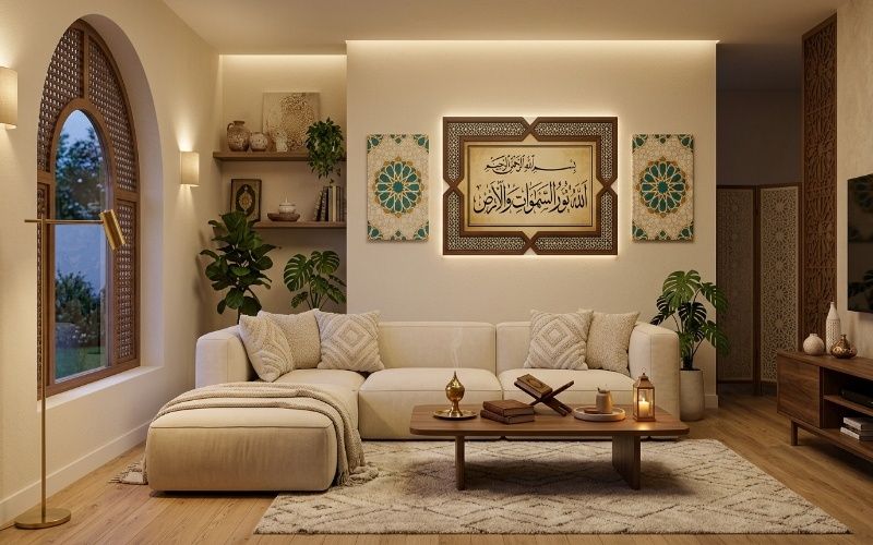 Modern Islamic wall art featuring Quranic calligraphy, framed Arabic designs, and geometric patterns in a stylish elegant home interior.