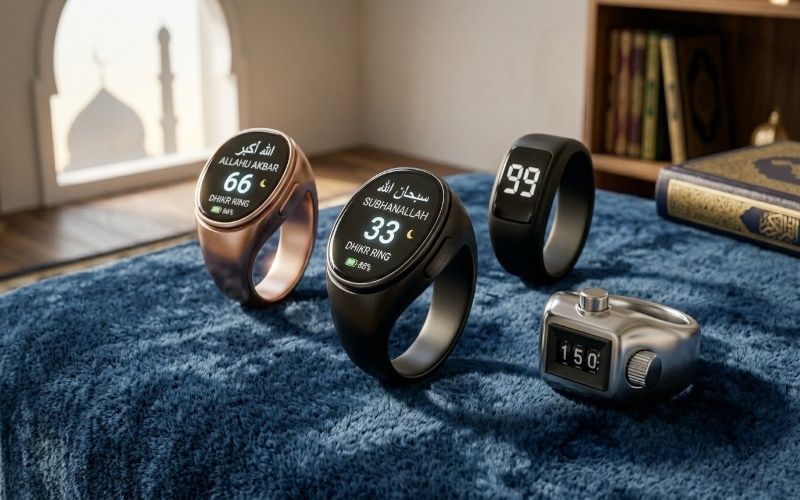 Different smart tasbeeh rings for daily use showing basic and premium digital zikr counters