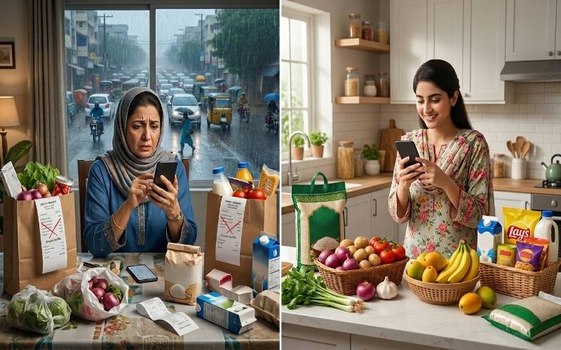 Online grocery shopping challenges in Pakistan showing delayed delivery, missing items, customer reviews, and safe shopping tips with real grocery products