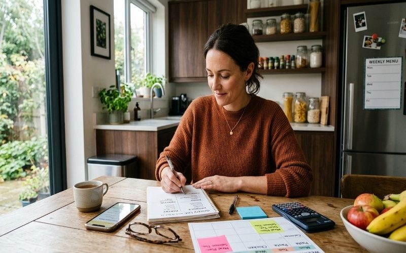Person planning a smart grocery list at home with notebook and smartphone, organizing food items for budget-friendly grocery shopping.