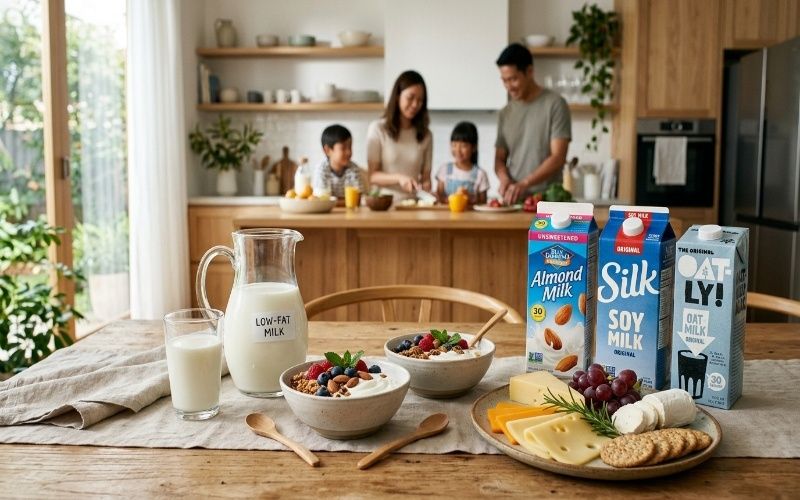 showing low-fat milk, yogurt, cheese, and dairy alternatives like almond milk in a healthy kitchen setup.