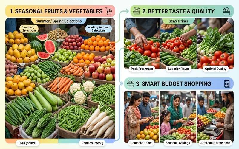 Seasonal grocery items in Pakistan infographic showing fruits and vegetables in season with smart budget shopping tips