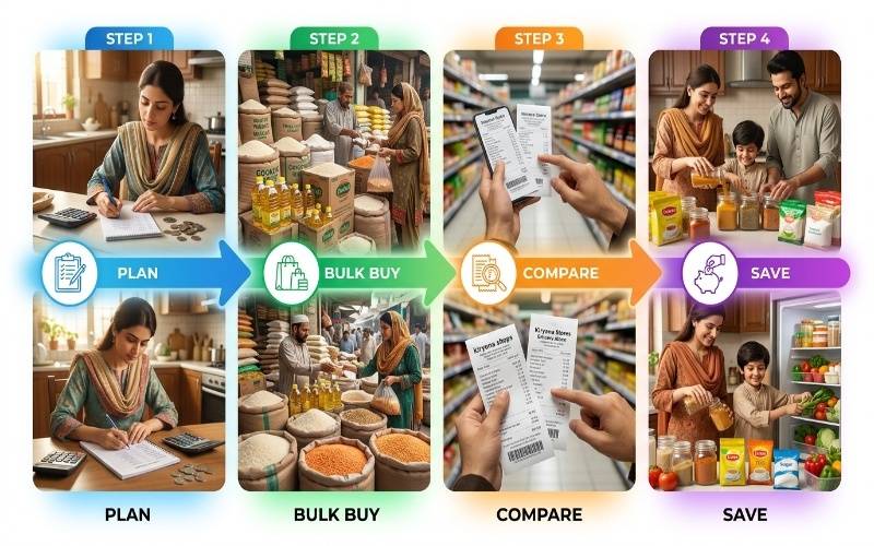 A colorful professional infographic showing real-life grocery saving habits in Pakistan, including planning a shopping list, buying in bulk, comparing prices at local stores, and organizing groceries at home to manage budget effectively.