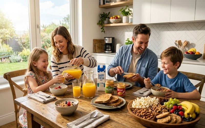 Healthy breakfast and snack items including bread, cereals, milk, butter, peanut butter, nuts, and juice arranged on a kitchen table for daily family use.