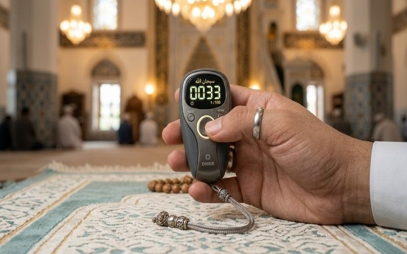Digital tasbeeh counter used for zikr and daily prayers with LED display and lightweight design for easy counting
