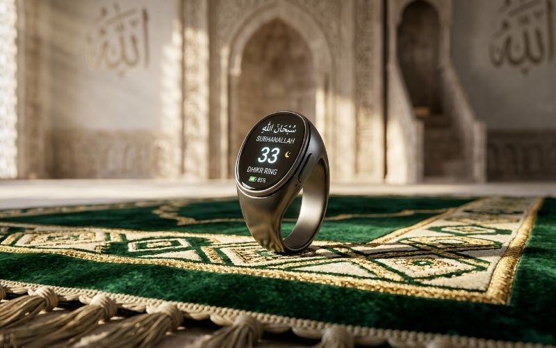 Smart tasbeeh ring with digital display used for counting zikr and daily prayers