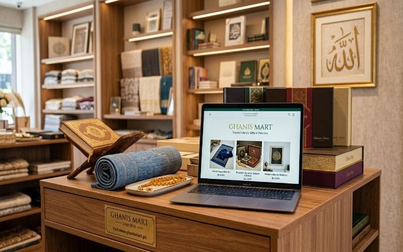 Islamic gifts shopping online in Pakistan featuring Quran sets, prayer mats, tasbeeh, and Islamic decor with Ghanis Mart