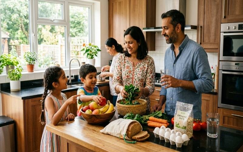 South Asian family choosing fresh fruits, vegetables, and whole grains in a kitchen for healthy grocery shopping.