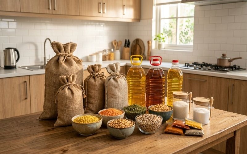 Basic food staples in Pakistani kitchen including flour rice oil sugar salt and lentils for daily cooking and monthly grocery planning