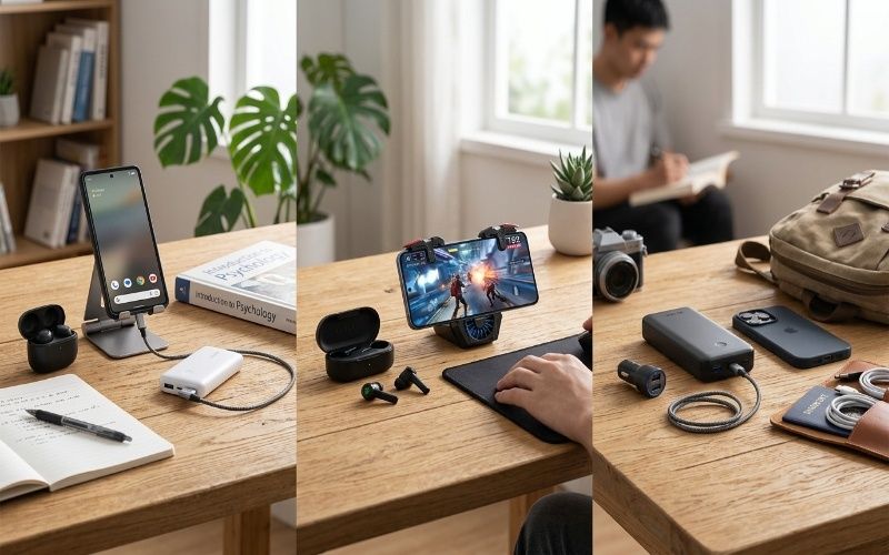 Best mobile accessories based on lifestyle including student accessories, gaming gadgets, travel power bank, earbuds, and phone accessories