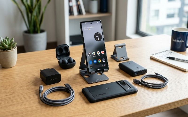 Best mobile accessories in Pakistan featuring smartphone, wireless earbuds, fast charger, power bank, cable, and phone gadgets