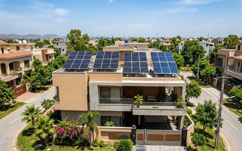A comparison of leading solar panel brands for homes in Pakistan. The image shows Jinko Solar, LONGi Solar, Canadian Solar, and JA Solar panels installed on modern residential rooftops. It highlights high efficiency, long term performance, and suitability for Pakistan's hot and dusty weather conditions.