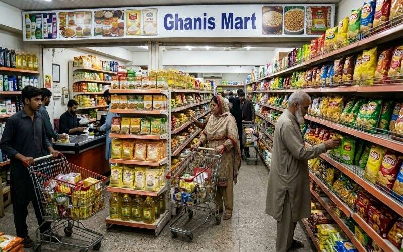 Pakistani weekly bazaar with fresh vegetables fruits and family shopping for weekly grocery essentials in market scene