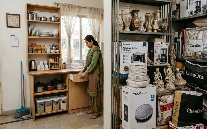 Organized Pakistani home with basic essentials beside a cluttered area showing unnecessary items and poor buying choices