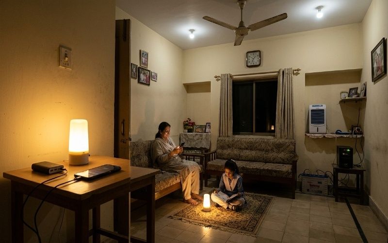 Simple Pakistani home showing fan LED light UPS and backup power items used during load shedding for daily comfort