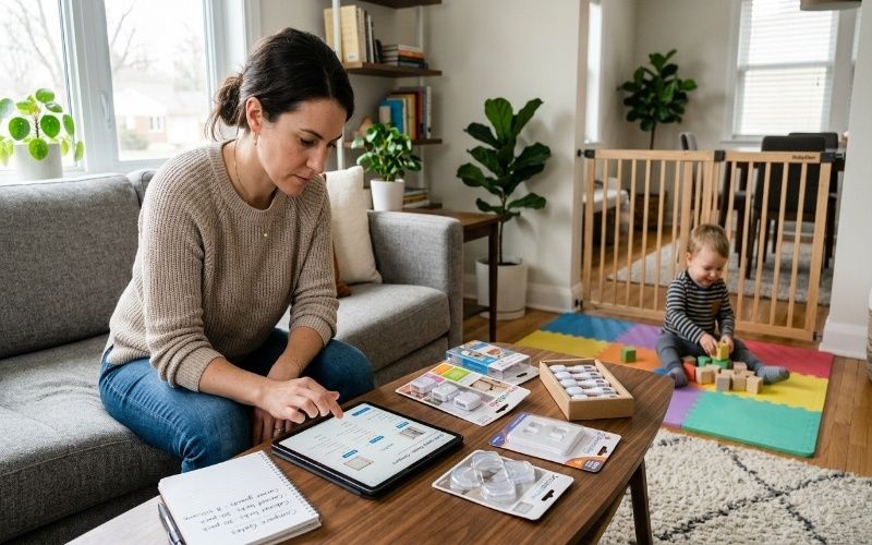 Parent comparing child safety products on tablet with safety items like locks and covers while toddler plays safely in background