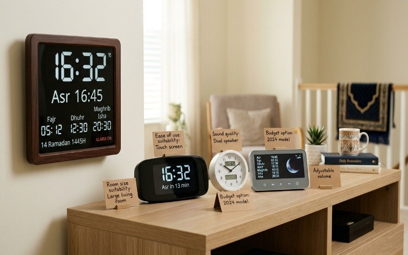 digital Azan clocks in a professional home setting showing different sizes and features for family use