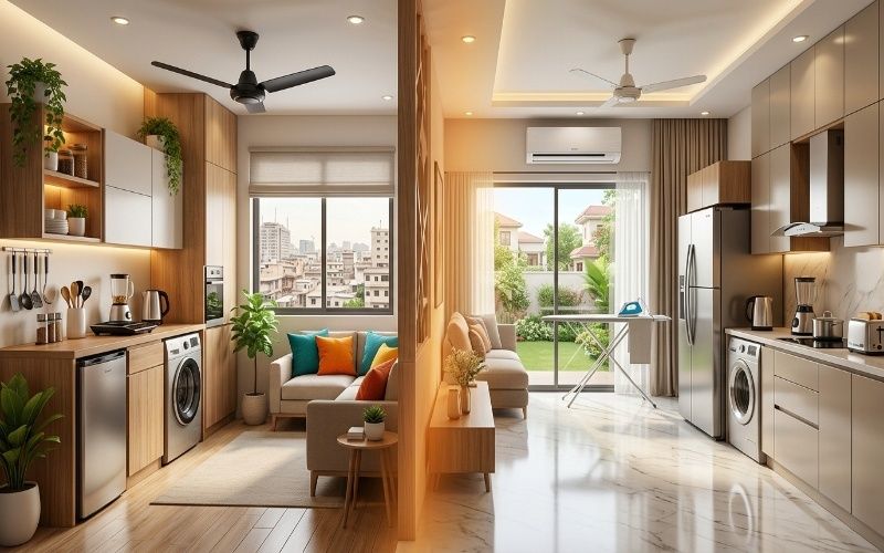 Realistic modern home interior showing compact appliances for small homes and essential electric products for new home setup in a clean minimalist style.