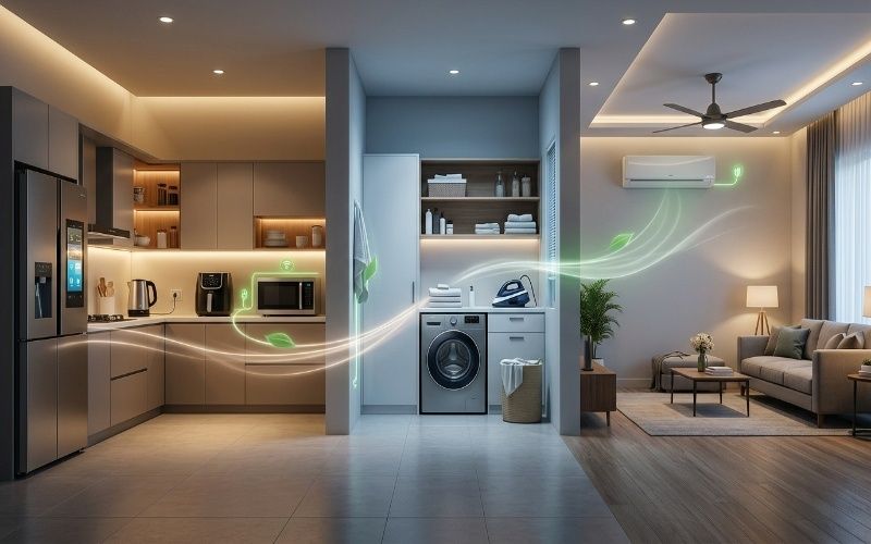 Realistic modern Pakistani smart home showing kitchen, laundry, and living room with energy-efficient appliances highlighting convenience and smart living.