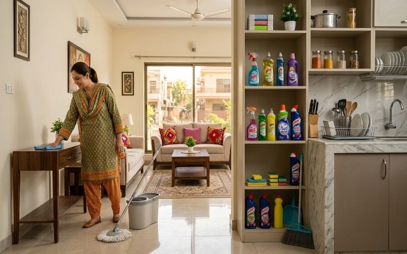 Everyday household products used in a Pakistani home including cleaning supplies, kitchen items, storage containers, and hygiene essentials