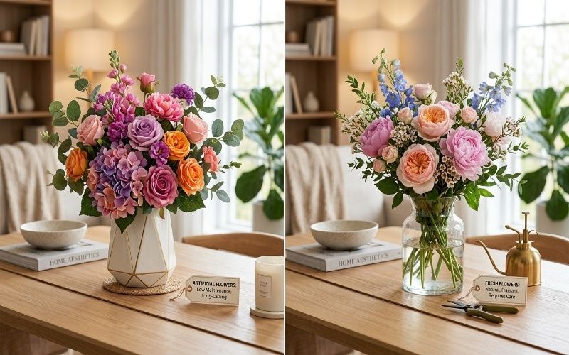 Artificial flowers vs real flowers for home decoration comparison