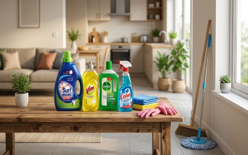 Daily cleaning products for home in Pakistan arranged neatly on a table including detergent, mop, spray, and cloths in a clean modern home setting.