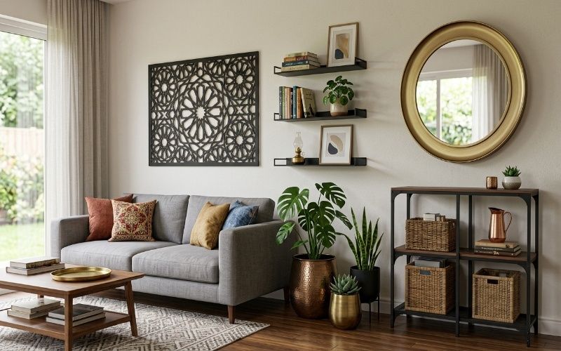 Pakistani living room with metal wall decor, shelves, mirror, and planters showing how to choose the right metal products for home