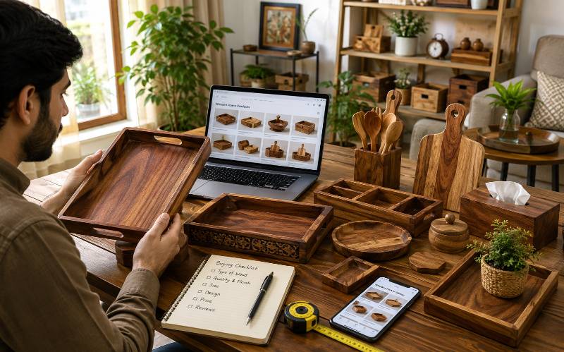 Buyer comparing quality Wooden Products for Home in Pakistan including serving trays, storage boxes, cutting boards, and decorative wooden accessories before purchasing online.