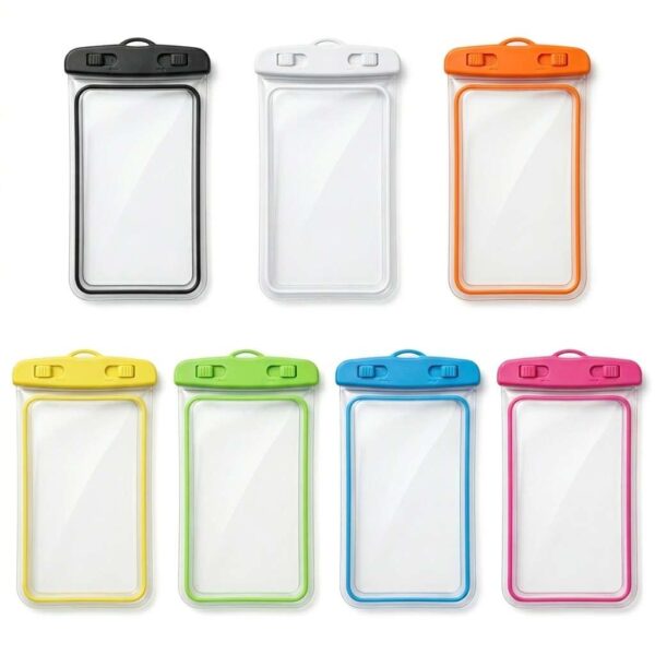 Universal waterproof mobile pouch with transparent front and colored frame for underwater protection.