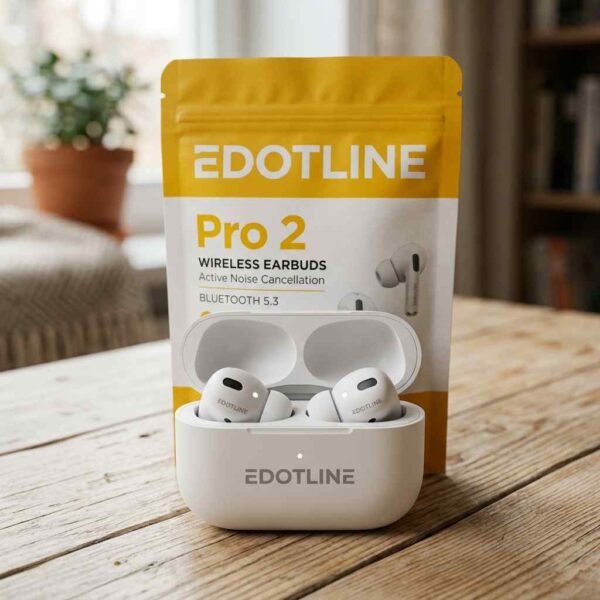 Create a realistic product photo of Edotline Branded Pro 2 white wireless earbuds with open charging case placed in front of the branded yellow and white retail packaging pouch. Keep the logo visible, product sharp, soft indoor lighting, natural background, ecommerce style, realistic texture, HD quality, 4K, no watermark.