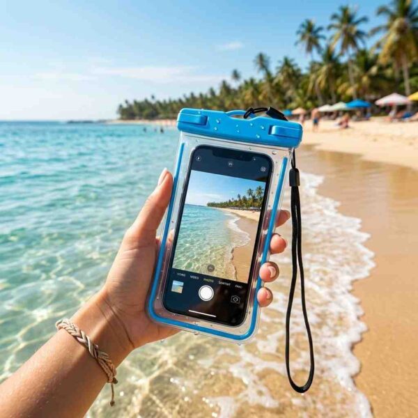 Waterproof mobile pouch used at beach for safe phone protection while traveling.