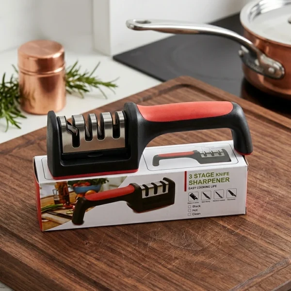 Professional 3-Stage Kitchen Knife Sharpener | Manual Sharpening Tool for Steel & Ceramic Knives | Ergonomic Handle & Non-Slip Base for Effortless Grip
