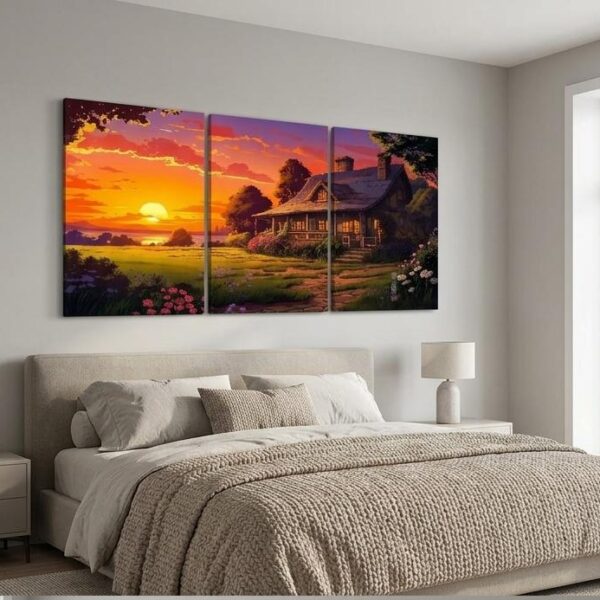 Scenic Cottage Sunset 3-Pc Wall Art – 8×11 Wooden Tiles