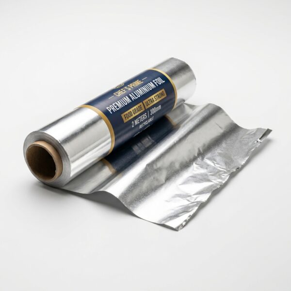 Food grade aluminium foil roll on white background