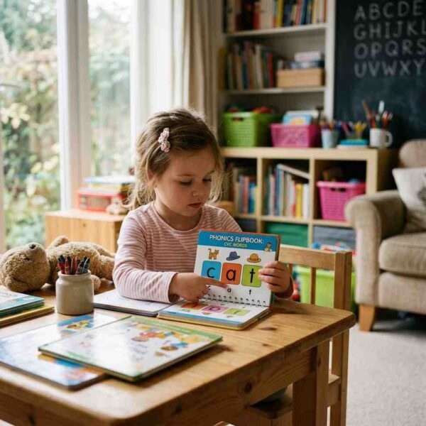 Kid reading phonics rhyming book