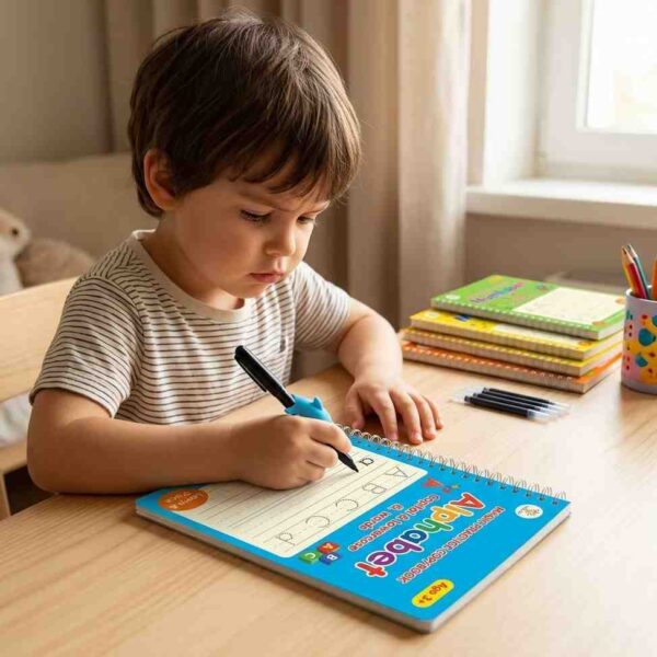 Kid using magic copybook for writing