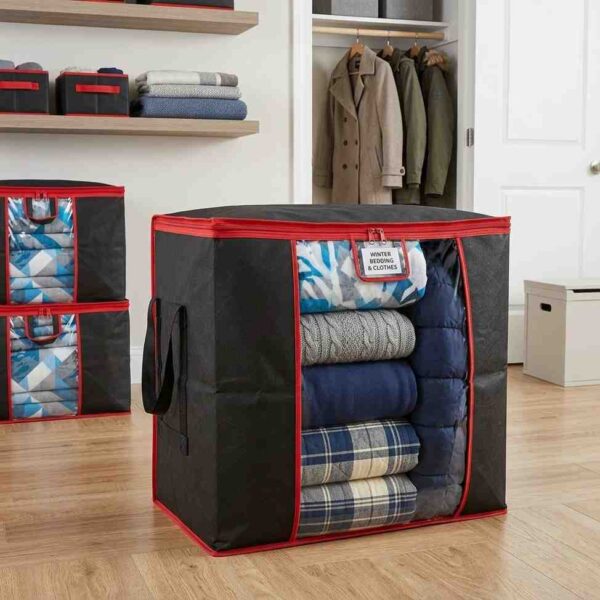 Blanket storage bag filled with bedding
