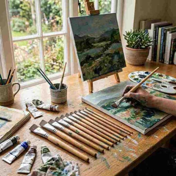 Art studio with brushes and painting tools