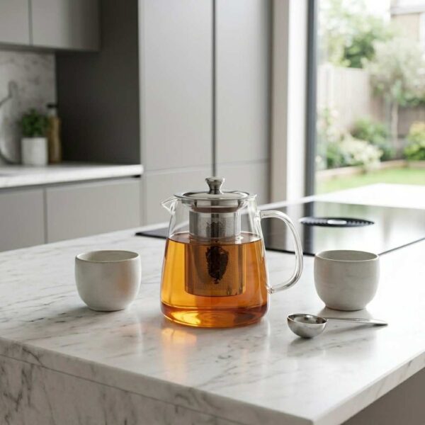 Glass tea infuser jug in modern kitchen