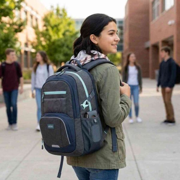 Teen wearing school backpack outdoors