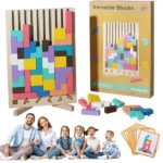 Wooden Tetris Puzzle Montessori Game with colorful wooden blocks