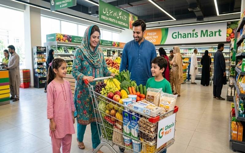 Fresh fruits, vegetables, dairy products, and healthy grocery items in a shopping cart at a Pakistan supermarket.