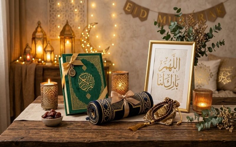 Islamic gift collection in Pakistan featuring Quran set, tasbeeh, prayer mat, and Islamic decor items on a beautifully arranged table