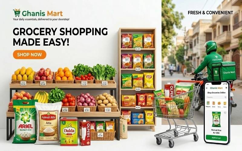 Online grocery store Pakistan featuring fresh fruits, vegetables, rice, and daily essentials in a professional eCommerce product display