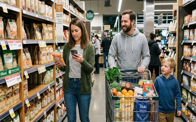 Family doing smart grocery shopping in a modern supermarket with fresh vegetables, fruits, healthy food items, and discount labels while following a shopping list.