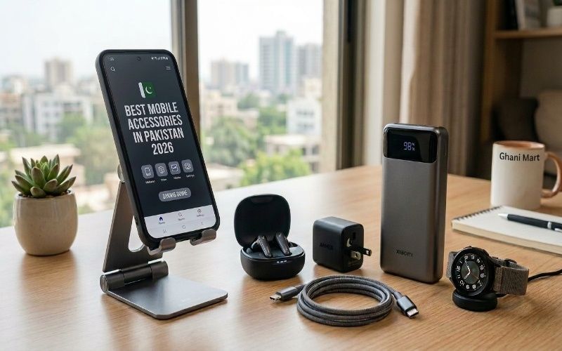 Best mobile accessories in Pakistan with smartphone, wireless earbuds, charger, power bank, and useful phone gadgets