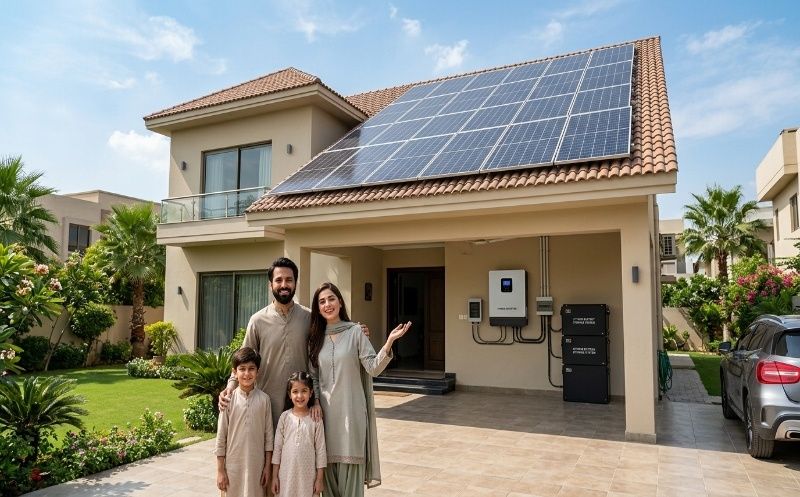 A modern home in Pakistan equipped with rooftop solar panels, a hybrid inverter, and lithium battery storage. The image highlights the benefits of solar energy for reducing electricity bills, providing backup during load shedding, and supporting long term energy savings for families.
