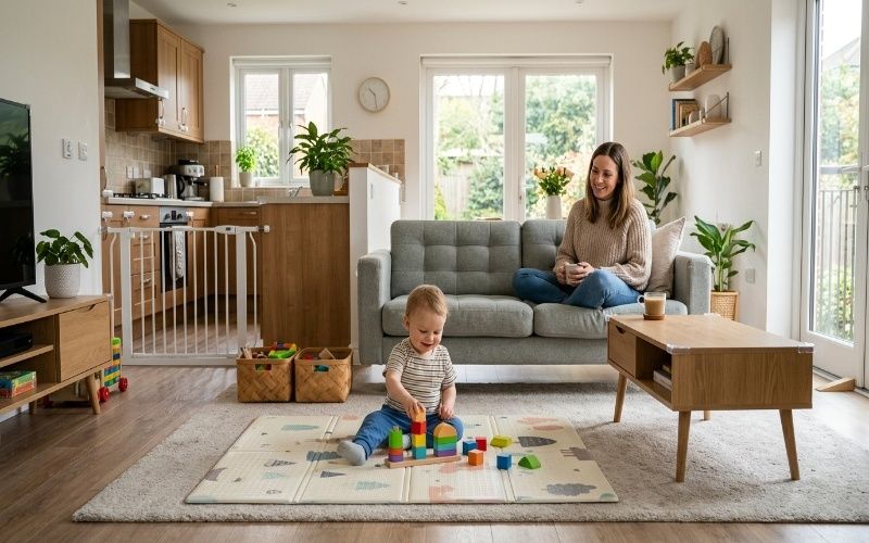 Safe modern home with toddler playing while child safety products like locks, socket covers, corner guards, and safety gates are installed